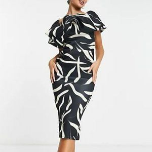 ASOS DESIGN one shoulder bubble detail midi pencil dress in abstract mono print